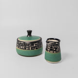 Cream & Sugar Set w/ Cityscape in Green by Maru Pottery