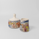 Cream & Sugar Set w/ Cityscape in Watercolour by Maru Pottery