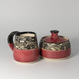 Cream & Sugar Set w/ Cityscape in Red by Maru Pottery