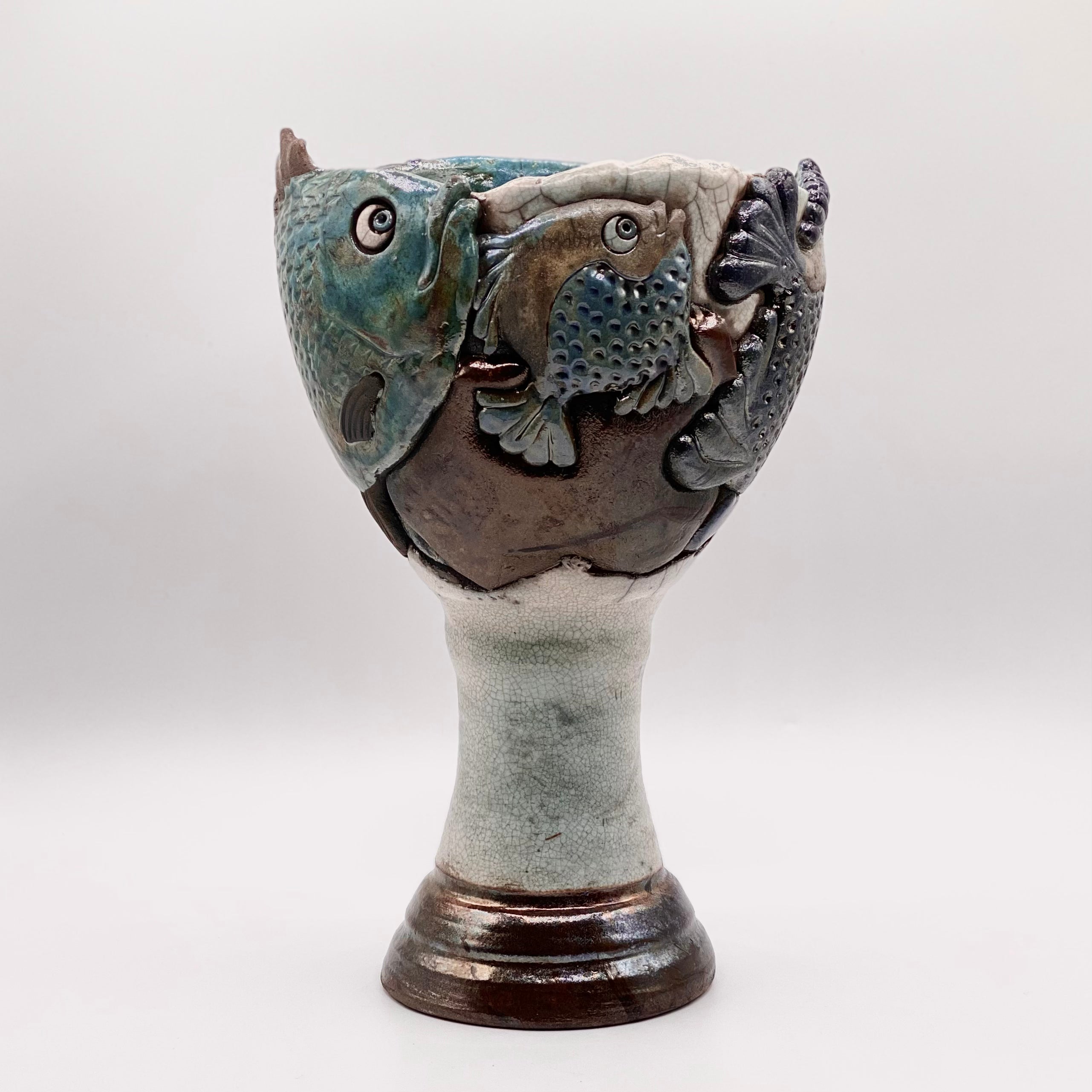 Raku Pedestal Fish Vase by Tim Isaac Pottery
