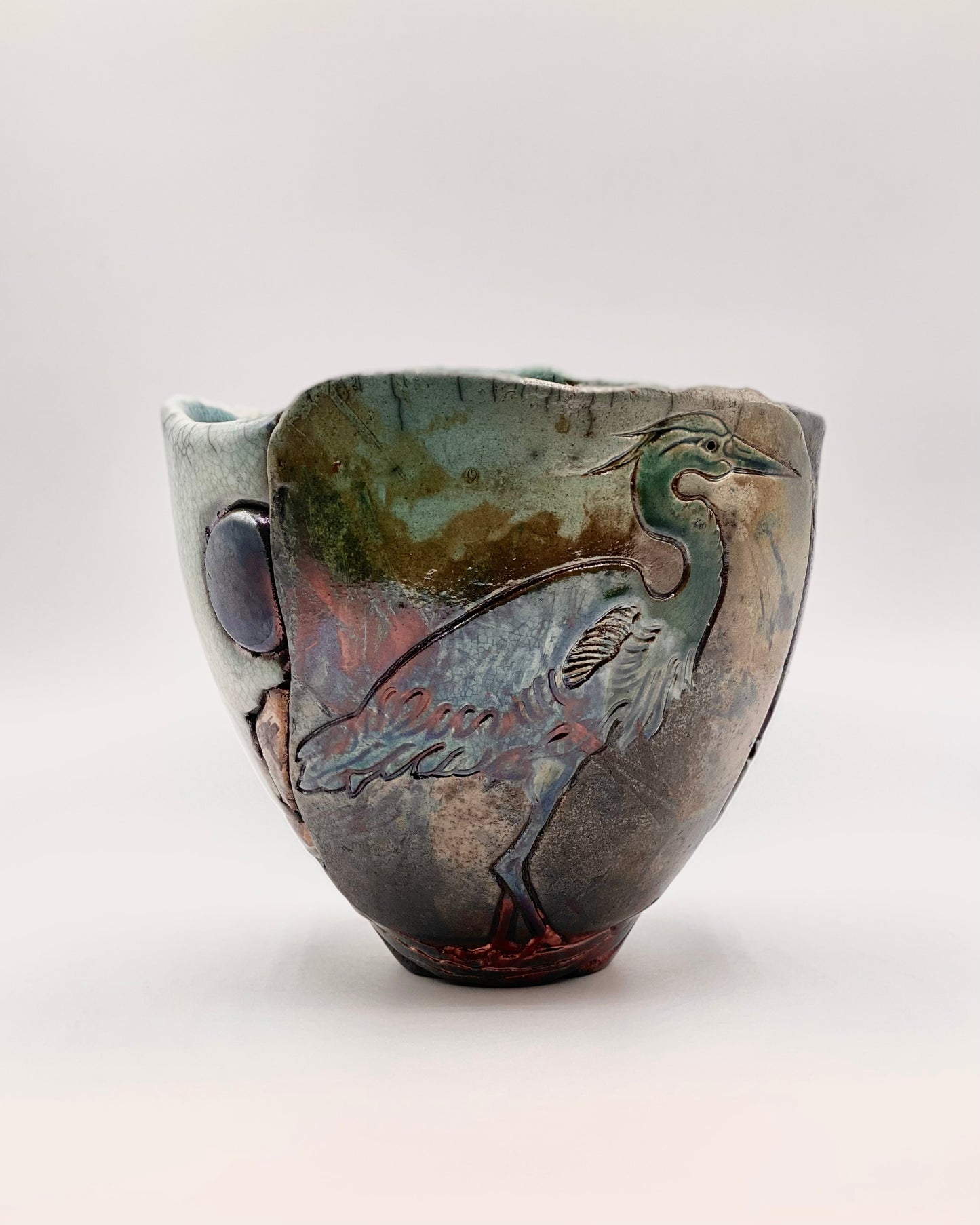 Raku Heron Vase by Tim Isaac Pottery